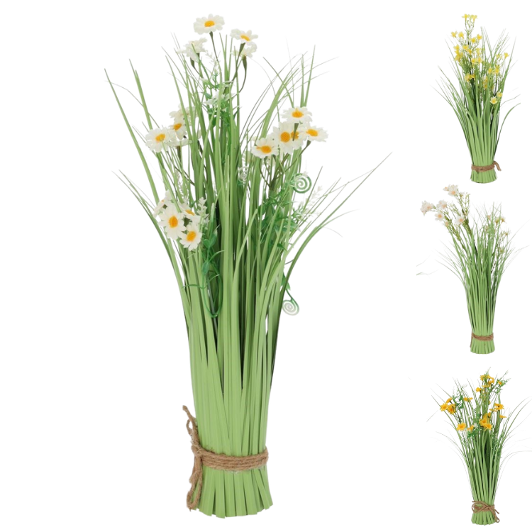 Artificial daisy and wild grass bouquet tied with twine on white background, decorative faux flower arrangement