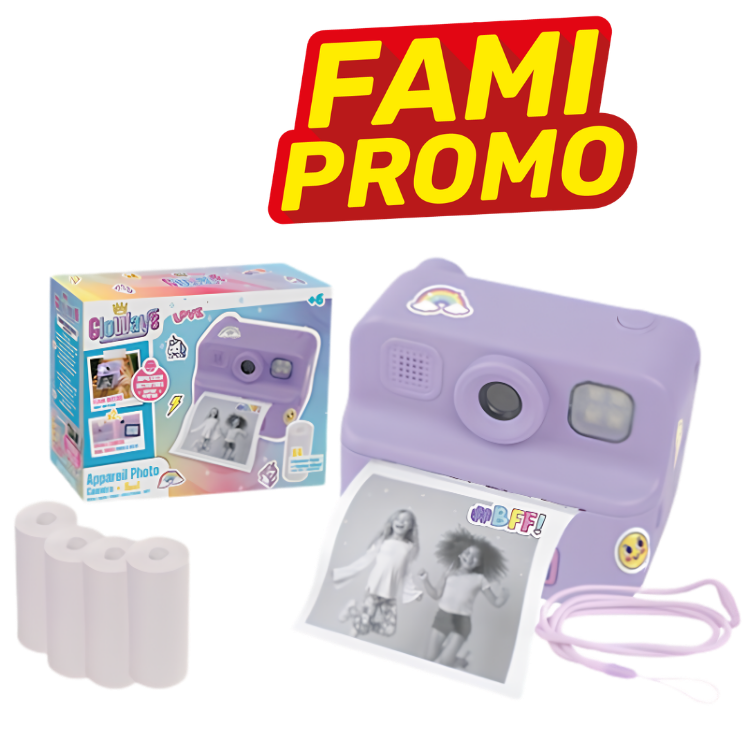 Purple instant kids' camera with printed black-and-white photo, spare film rolls and colourful product box beneath bold FAMI PROMO banner