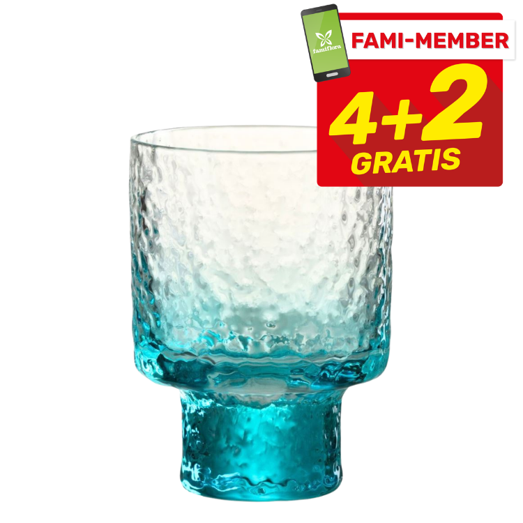 Textured teal glass tumbler with short pedestal base, product image featuring a red Fami-member promotional badge reading 4+2 gratis