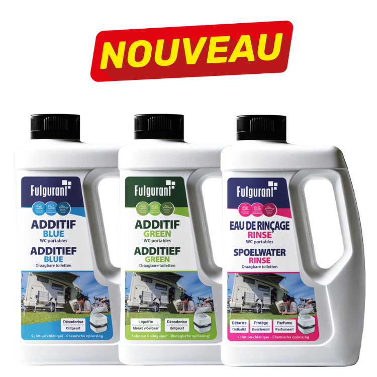 Three Fulgurant portable toilet solution bottles (Additif Blue, Additif Green, Rinse) displayed with a red "NOUVEAU" new-product banner