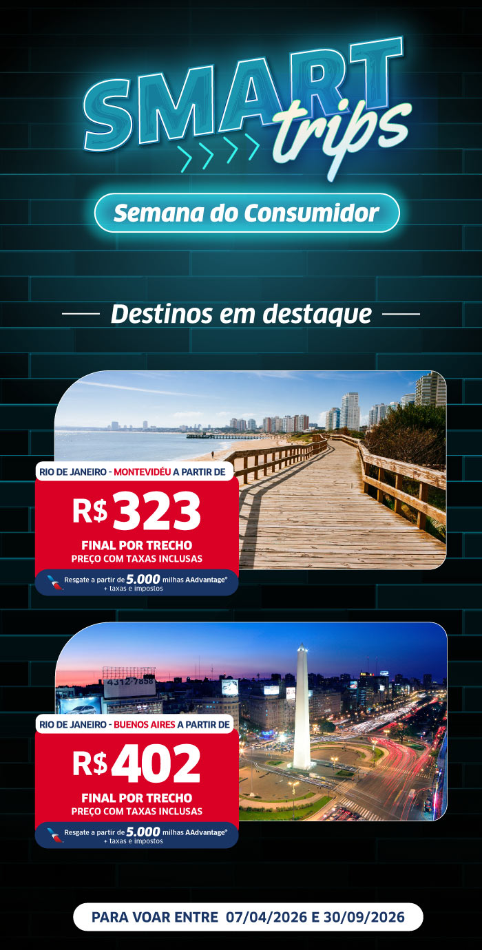 Smart Trips consumer week banner showing featured destinations Montevideo and Buenos Aires, fares from R402, travel dates Apr-Sep 2026