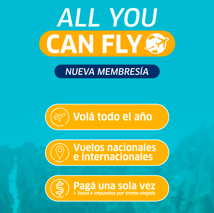 Promotional graphic for All You Can Fly membership — year-round national and international flights with a single one-off payment