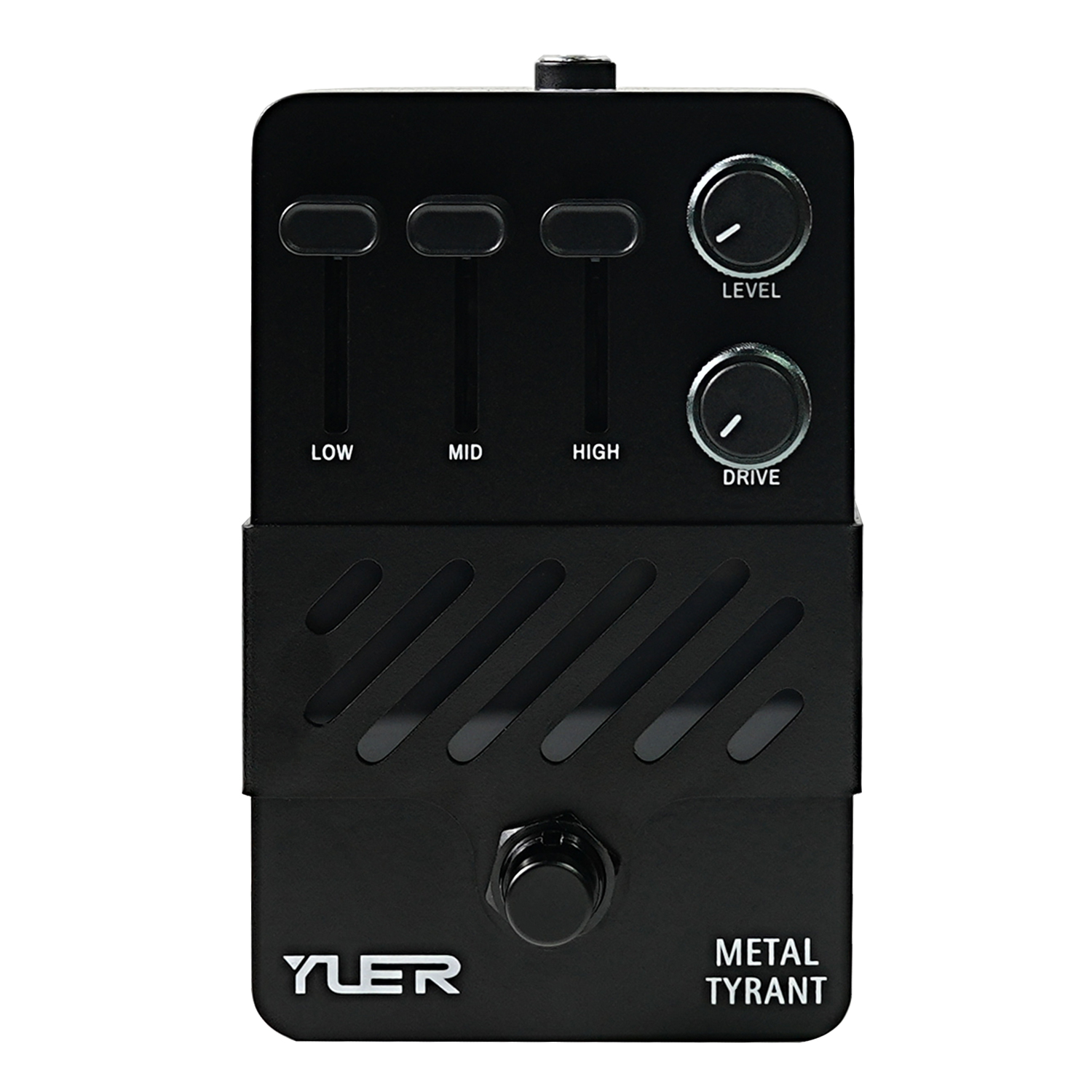 Black YLER "Metal Tyrant" guitar distortion pedal with low, mid and high sliders, level and drive knobs and chrome footswitch
