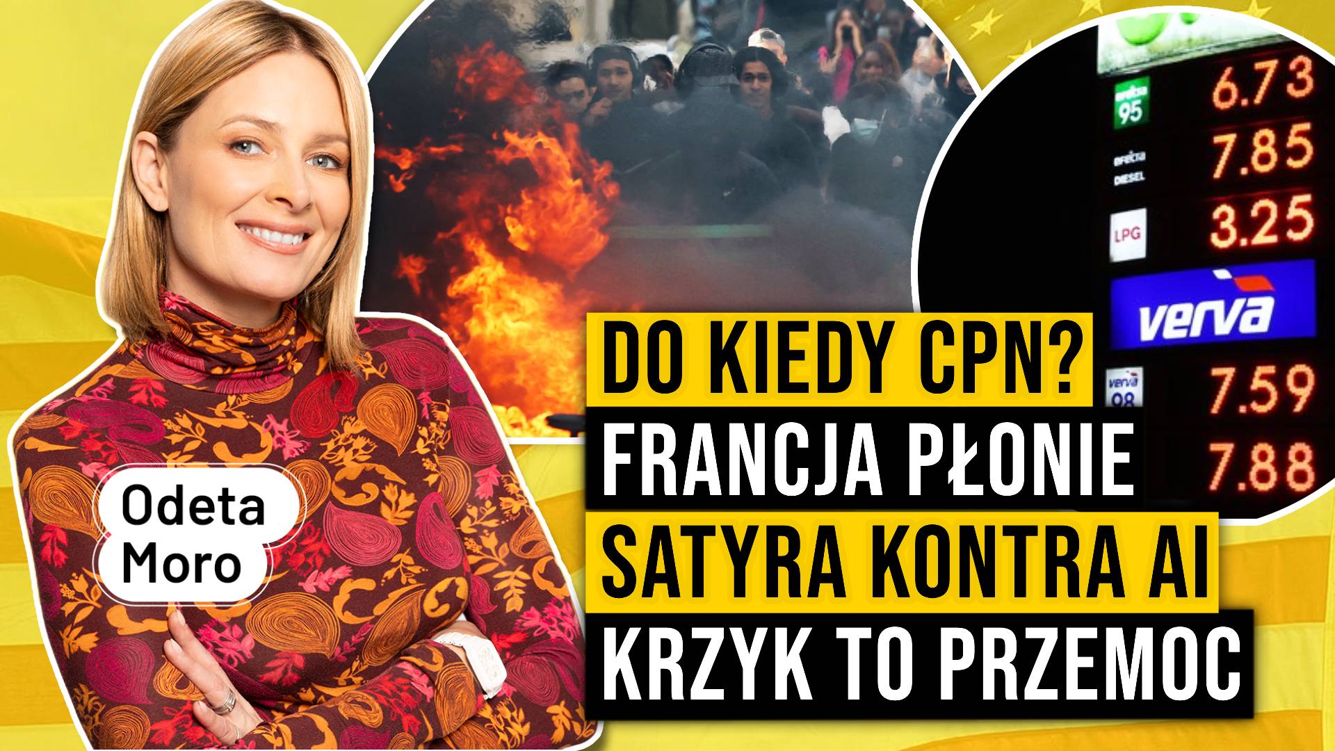 Miniatura programu z prowadzącą, zdjęciami protestu z płomieniami, tablicą cen paliw i nagłówkami o Francji i AI