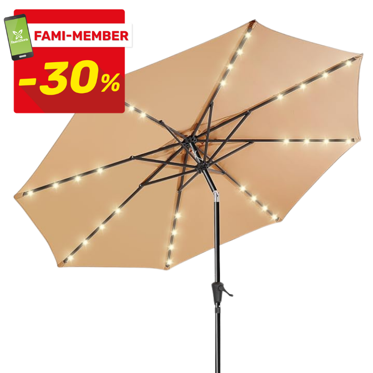 Beige outdoor patio umbrella with integrated LED lights along the ribs and black crank pole, FAMI-MEMBER -30% badge