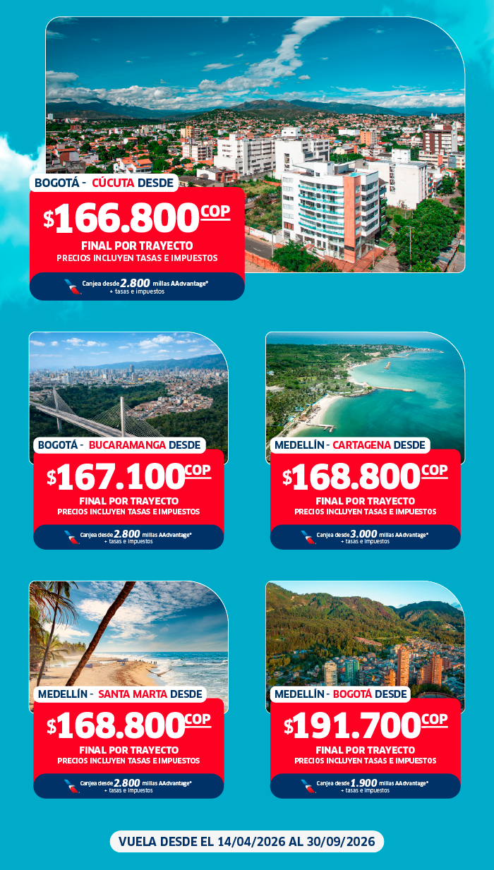 Promotional collage of one-way flight fares in COP from Bogotá and Medellín to Cúcuta, Bucaramanga, Cartagena, Santa Marta and Bogotá; city and beach photos; travel dates 14/04/2026–30/09/2026
