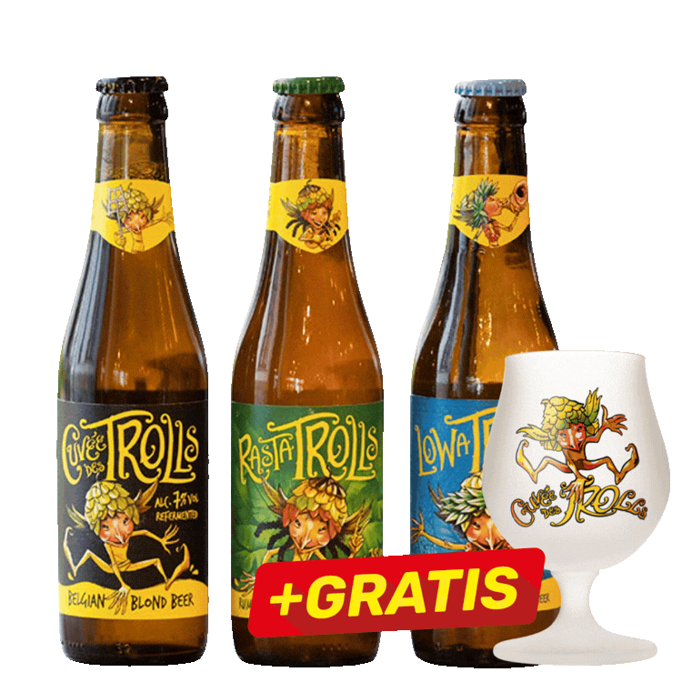 Three Trolls craft beer bottles (Blond, Apple, Low‑Alcohol) with branded snifter glass marked '+GRATIS' and a second row of bottles