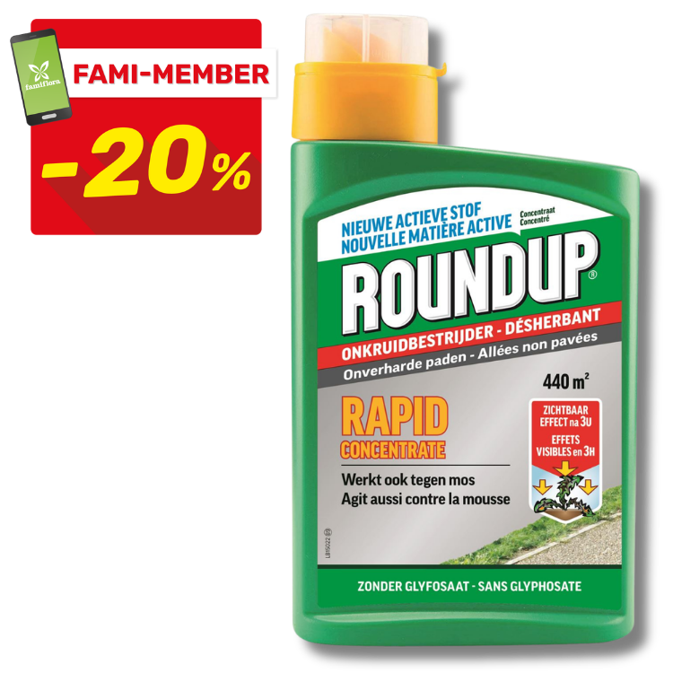 Bottle of Roundup Rapid Concentrate weedkiller (glyphosate-free) 440 m² with Fami-member 20% discount badge