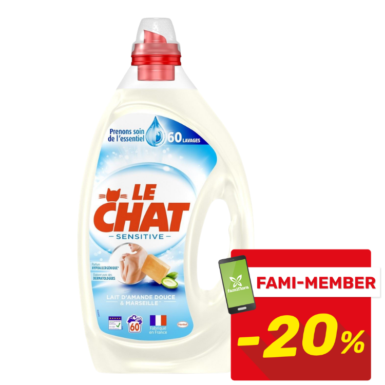 Bottle of Le Chat Sensitive laundry detergent, almond milk & Marseille scent, 60 washes, 20% FAMI-MEMBER discount badge