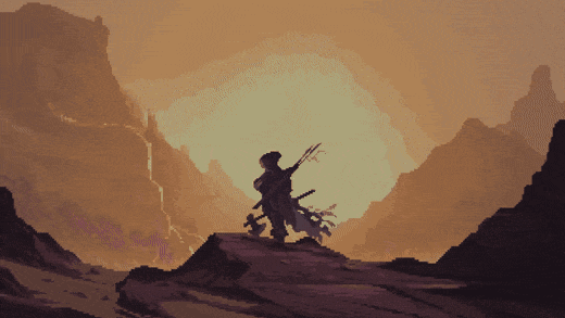 Pixel-art game screenshot: silhouetted traveller on ridge at sunset above UI with maps, inventory panels and journal entries