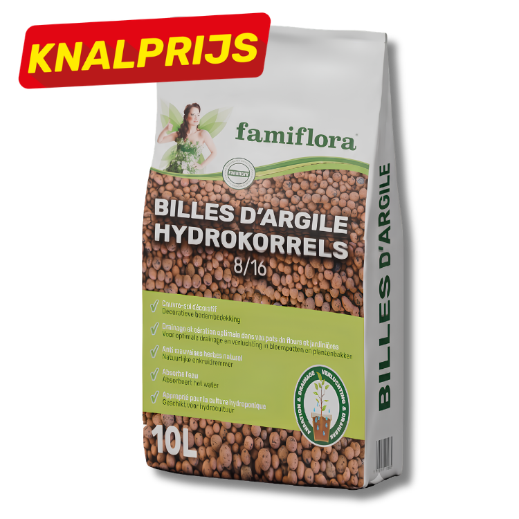 Famiflora 10L bag of clay pebbles (LECA) for hydroponics and plant drainage — decorative substrate labelled 'Billes d'argile'