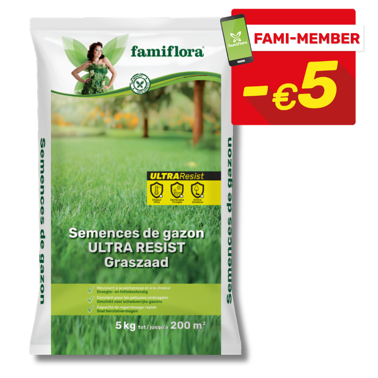 Bag of Famiflora Ultra Resist lawn seed 5 kg (covers 200 m²) with Fami‑Member -€5 discount badge