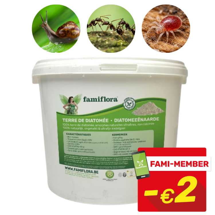 Tub of Famiflora diatomaceous earth for garden pest control with inset images of a snail, ants and red mite and a red Fami‑Member −€2 discount badge