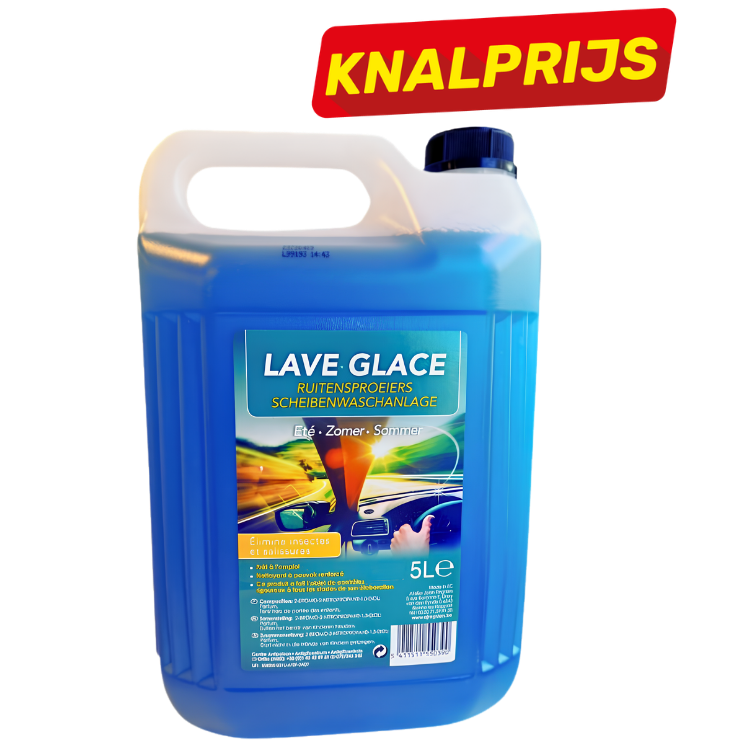 5L blue jug of Lave-Glace summer windscreen washer fluid, labelled with car dashboard image and red 'KNALPRIJS' bargain tag
