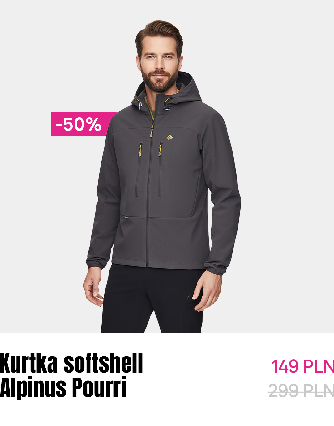 Man wearing grey Alpinus Pourri softshell hooded jacket with front zips and chest pockets, 50% off sale tag