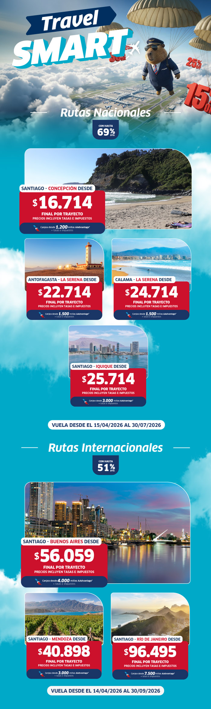 Travel SMART banner: pilot bear with parachute and discounted national and international flight deals with beach and city photos