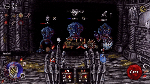 Grid of nine dark-fantasy game screenshots showing first-person hands casting spells, undead enemies, HUD and character portraits