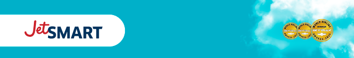 JetSMART logo on turquoise sky background with clouds and three golden airline award medallions