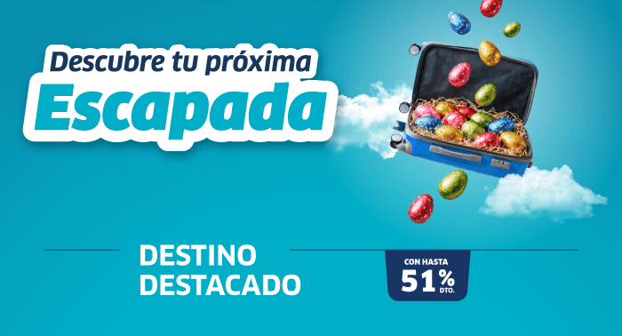 Travel promo: open suitcase spilling colourful eggs in clouds, Spanish headline 'Descubre tu próxima Escapada' and 'up to 51% off'.