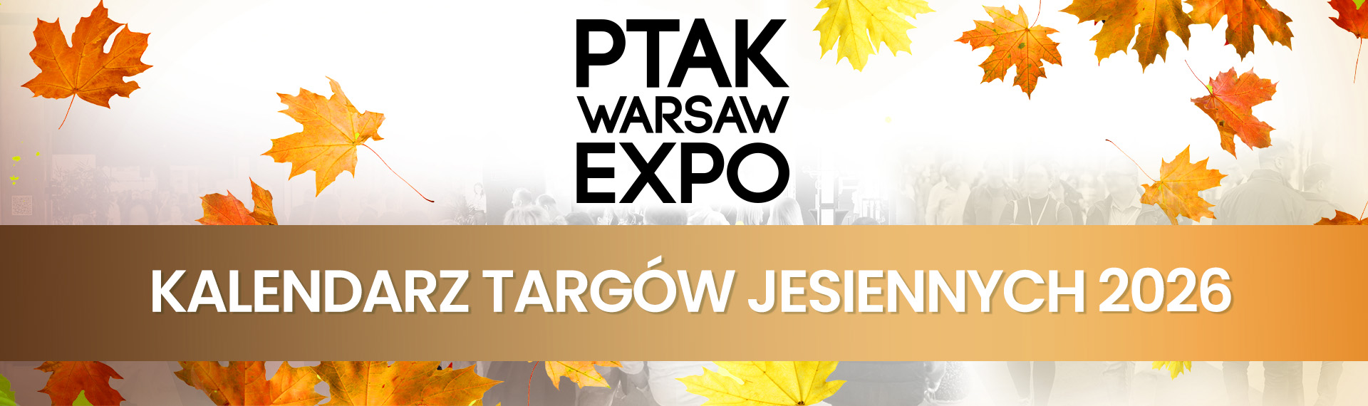 PTAK Warsaw Expo logo above a banner reading 'Autumn Trade Fair Calendar 2026' with scattered autumn leaves