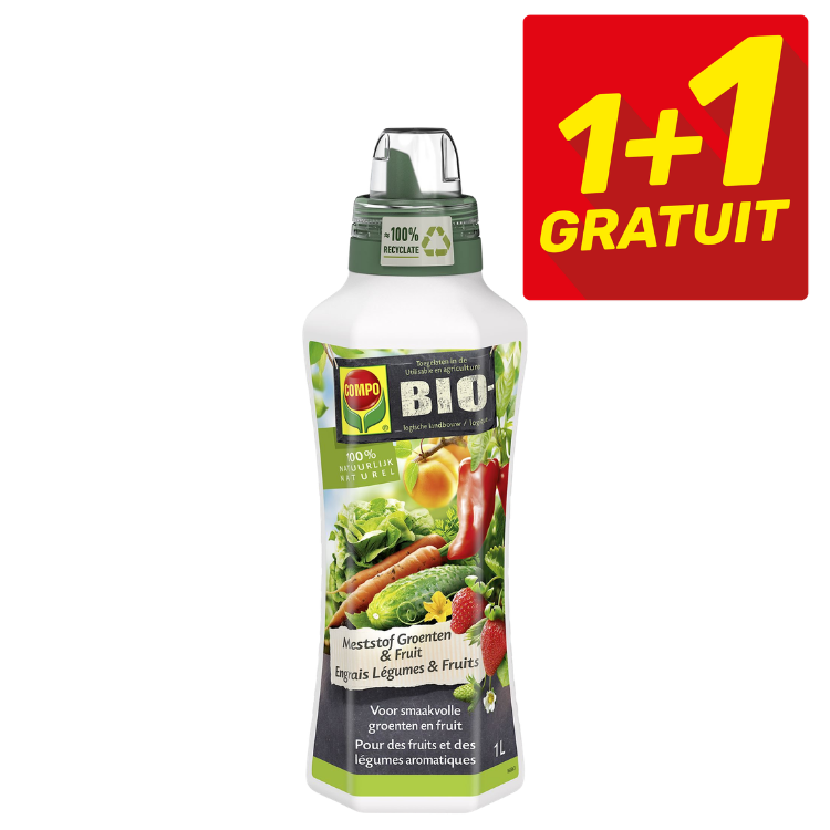 Compo BIO organic liquid fertiliser for vegetables and fruit, 1L bottle with red '1+1 free' promotional badge