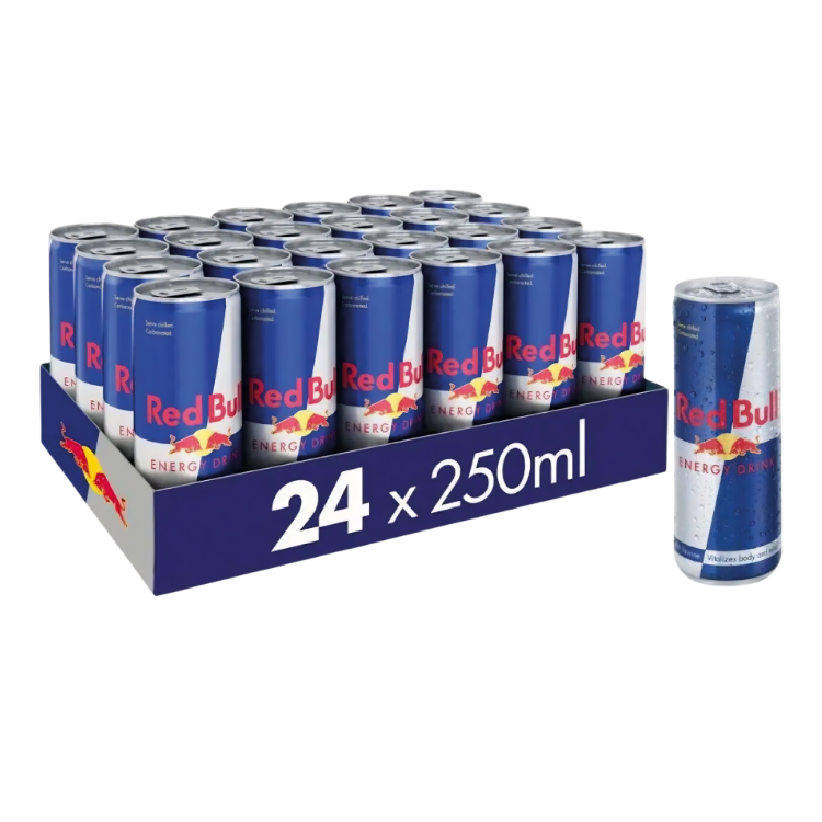 Pack of 24 Red Bull energy drink cans (24 x 250ml) in blue and silver packaging with a single can beside the tray