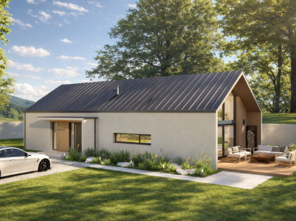 Modern single-storey house with dark metal gabled roof, large windows, patio seating, driveway and landscaped lawn