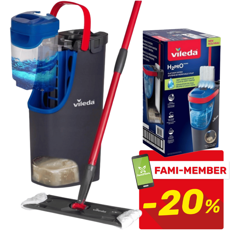 Vileda H2Pro flat mop system with grey bucket, blue clean-water tank and red handle, mop head and retail box, 20% off Fami‑Member