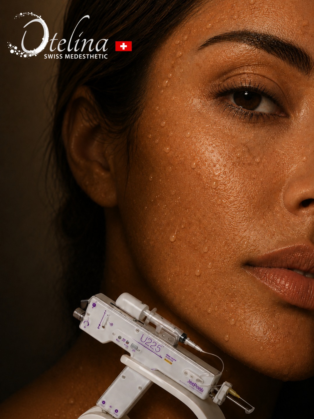 Close-up of dewy woman's cheek and lips with Otelina U225 mesotherapy device for skin rejuvenation and hydration