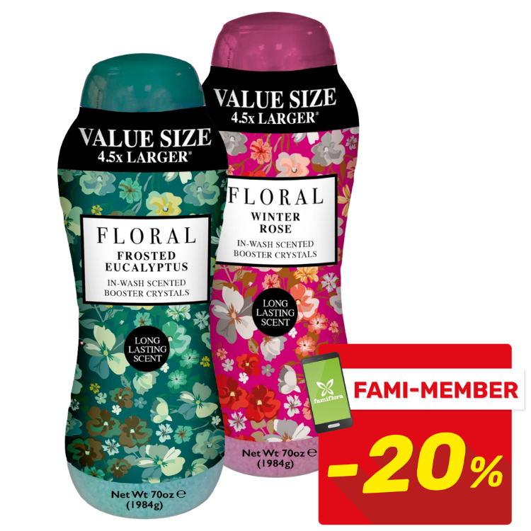 Two value-size Floral in-wash scented crystals (Frosted Eucalyptus, Winter Rose) long-lasting scent; FAMI-MEMBER -20%
