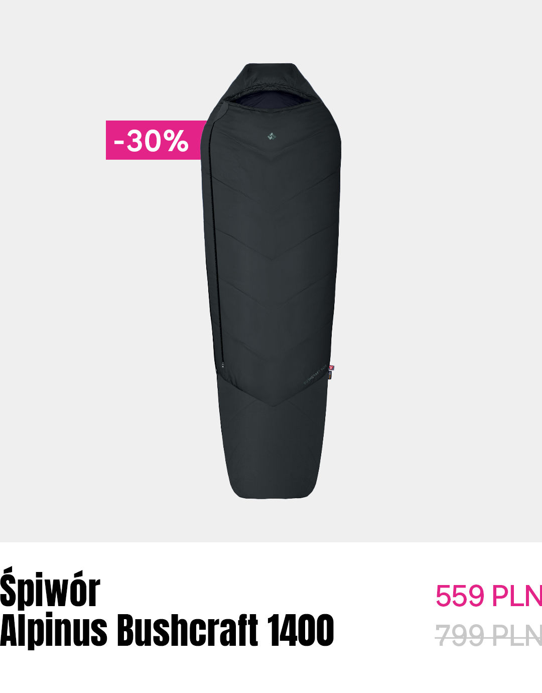 Black Alpinus Bushcraft 1400 mummy sleeping bag on light background with pink '-30%' discount label