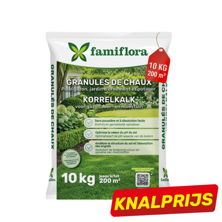 Famiflora 10 kg bag of lime granules for lawn, ornamental and vegetable garden, covers up to 200 m², red KNALPRIJS promotional label