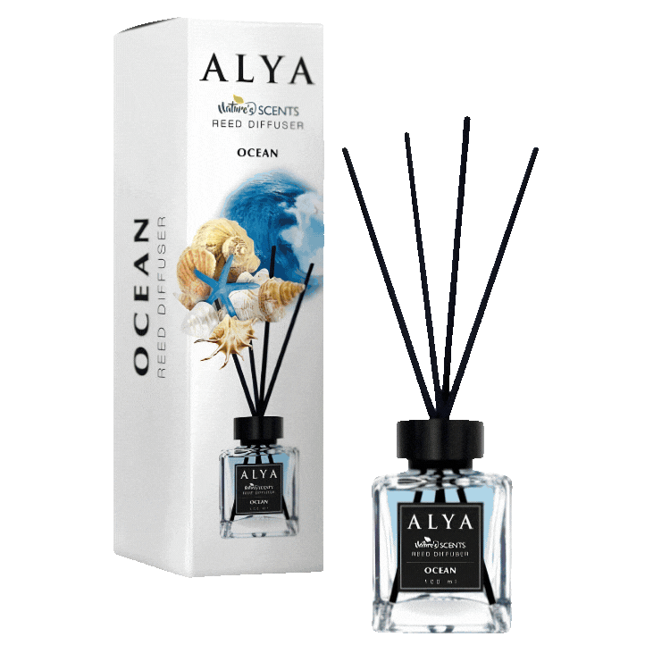 Four ALYA scented reed diffusers and boxes on a white background: Ocean, Pineapple and Coconut, Vanilla, and Rose