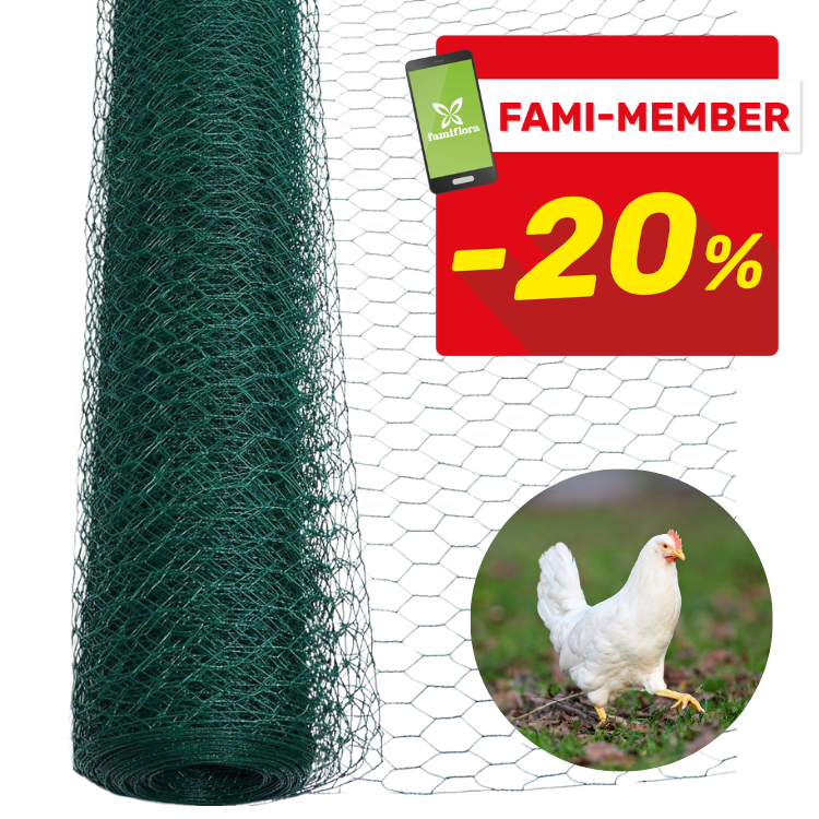 Green rolled hexagonal poultry netting beside a white hen inset and red 'Fami-member -20%' discount badge