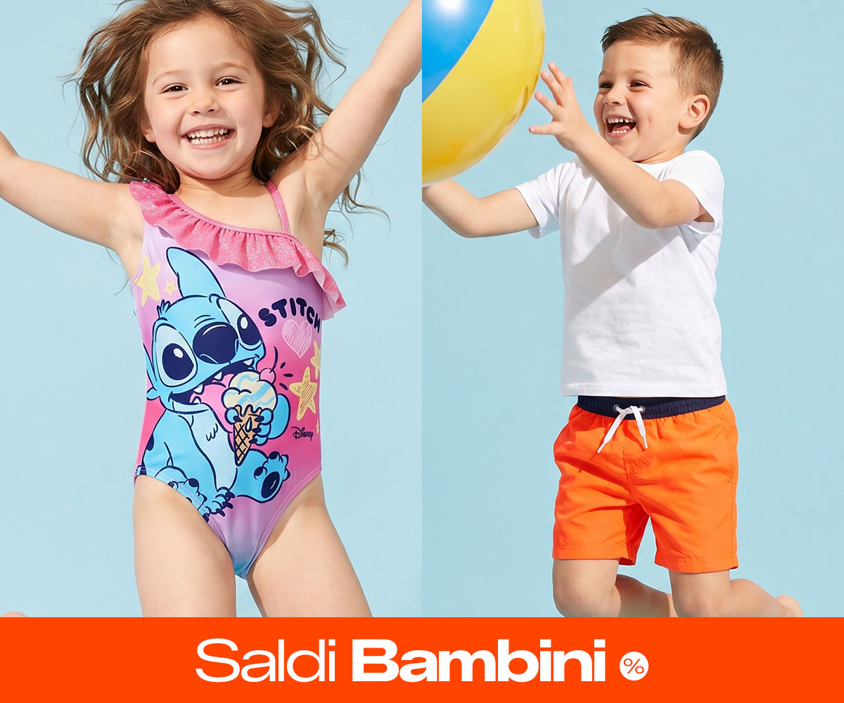 Two happy children against a blue background: girl in a pink Stitch swimsuit and boy in a white t-shirt with orange swim shorts holding a beach ball, Saldi Bambini