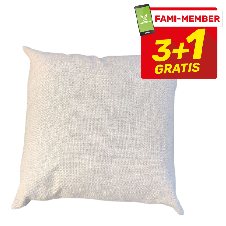 Beige textured square cushion with red "FAMI-MEMBER 3+1 GRATIS" promotional badge in top-right corner