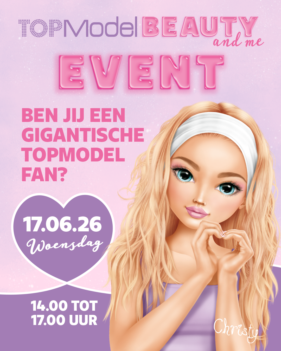 Poster for TopModel Beauty and Me event — blonde model making a heart gesture; event 17 June 2026 (Wednesday), 14:00–17:00, pink purple theme