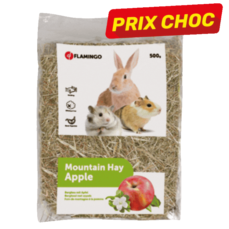Flamingo Mountain Hay bags (apple, chamomile, dandelion & marigold, carrot) with small rabbits and PRIX CHOC labels