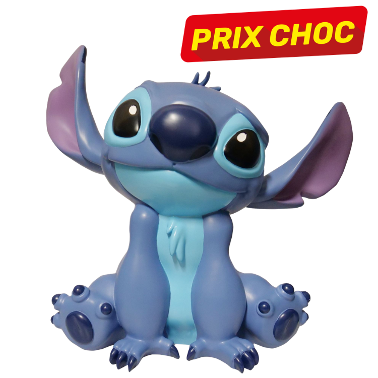 Blue Stitch cartoon figure toy seated with large ears and 'PRIX CHOC' red sale label