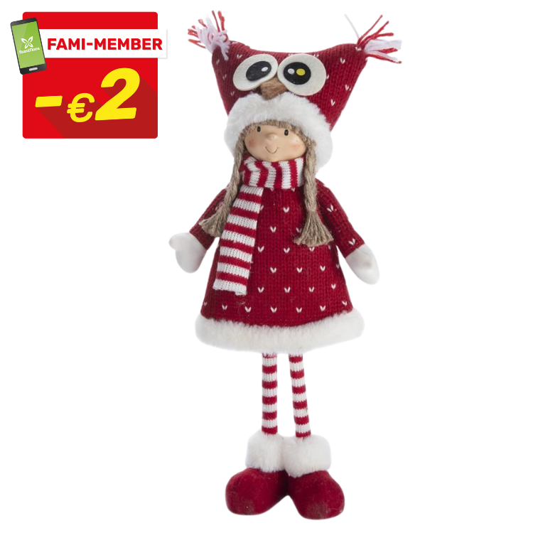 Standing Christmas elf soft toy in red knitted dress with owl hat, striped scarf and stockings — festive decoration gift