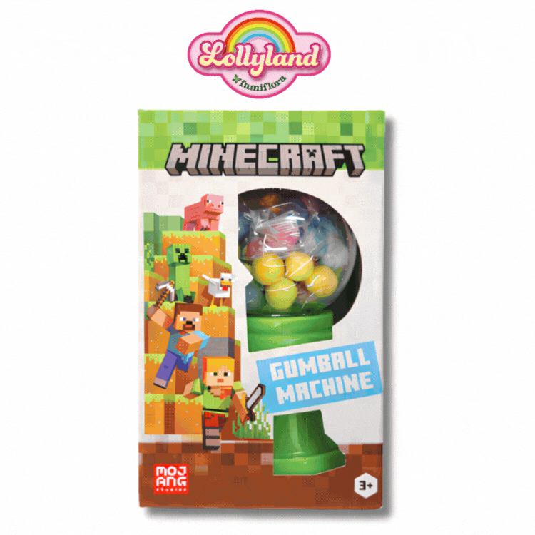 Four Minecraft-themed sweets (gumball machine, mini chewy shots, Kinder Joy pack and egg) on white background with Lollyland logo