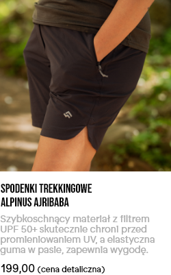 Black Alpinus Ajribaba trekking shorts on a person with hand in pocket, quick-dry fabric and elastic waistband on trail