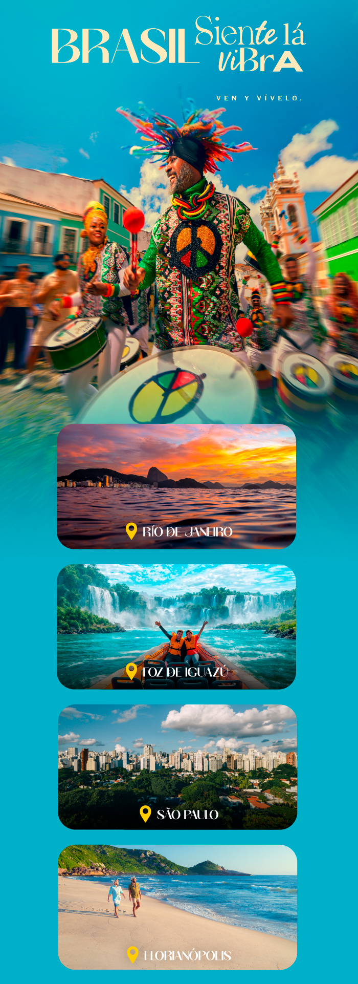 Vibrant Brazilian carnival drummer leading colourful street parade; inset images of Rio, Foz do Iguaçu, São Paulo and Florianópolis.