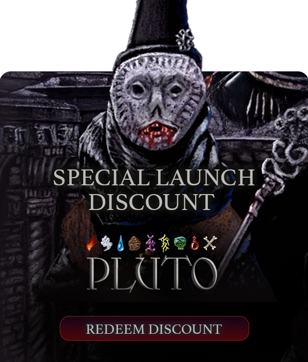 Promotional banner showing a masked hooded creature with a staff, text 'SPECIAL LAUNCH DISCOUNT', game title 'PLUTO' with elemental icons and a 'REDEEM DISCOUNT' button