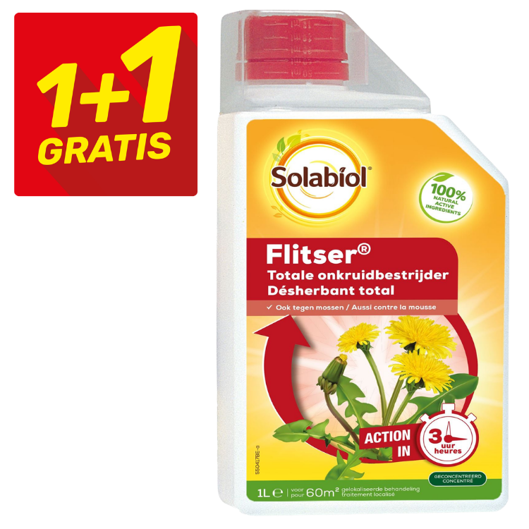 Solabiol Flitser 1L total weedkiller with 1+1 gratis badge, dandelions, acts in 3 hours, 100% natural active ingredients