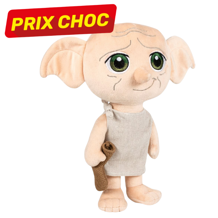 Beige house-elf plush with large ears and green eyes, in a shabby tunic holding a sock, with a 'PRIX CHOC' sale badge