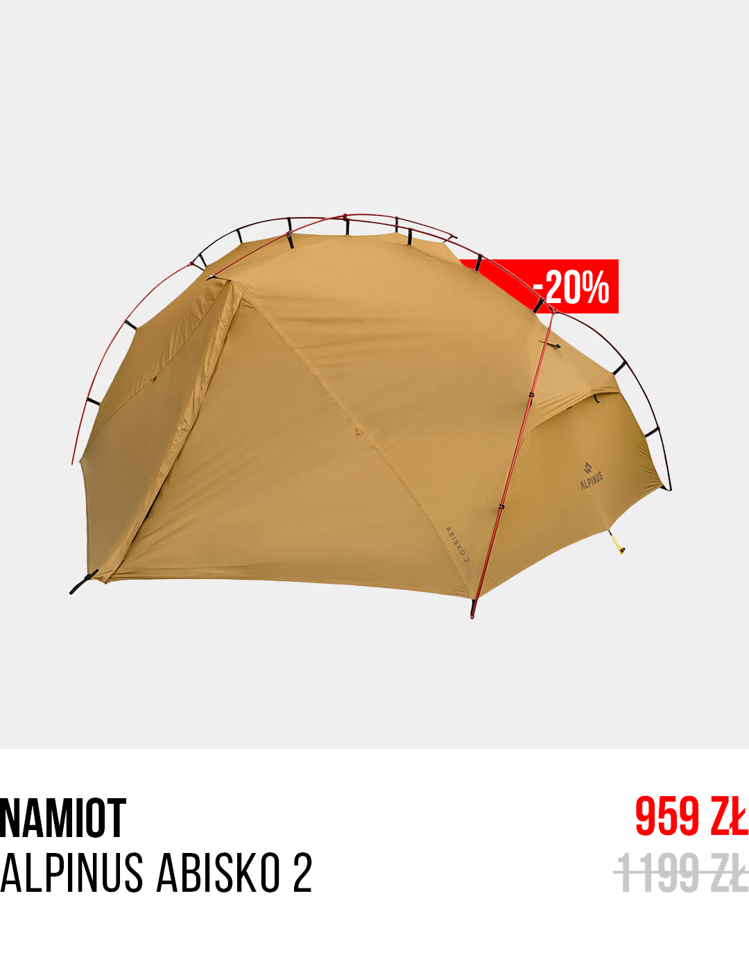 Khaki Alpinus Abisko 2 two-person dome tent on white background with red -20% sale tag and discounted price