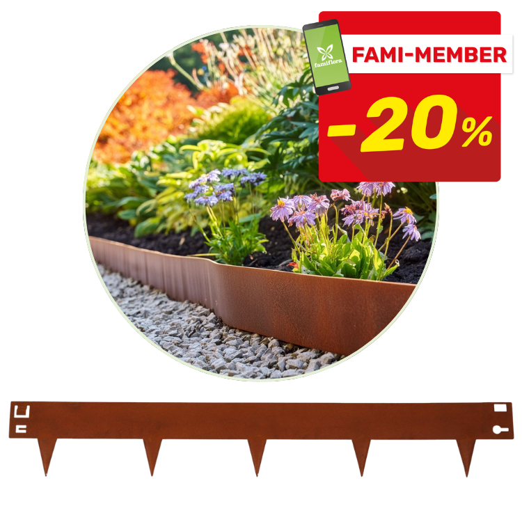 Rust-coloured steel garden edging beside gravel and flowering border, circular close-up with FAMI-MEMBER -20% discount badge