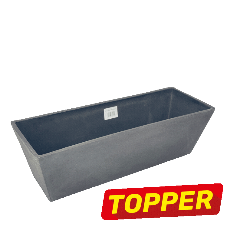 Two rectangular tapered window box planters in dark grey and light grey, labelled TOPPER for balcony or windowsill
