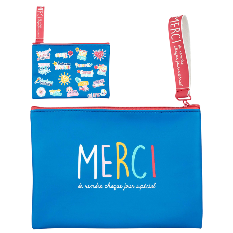 Blue zip pouch with colourful 'MERCI' lettering and French slogan, detachable pink wrist strap and sticker-style inner pouch